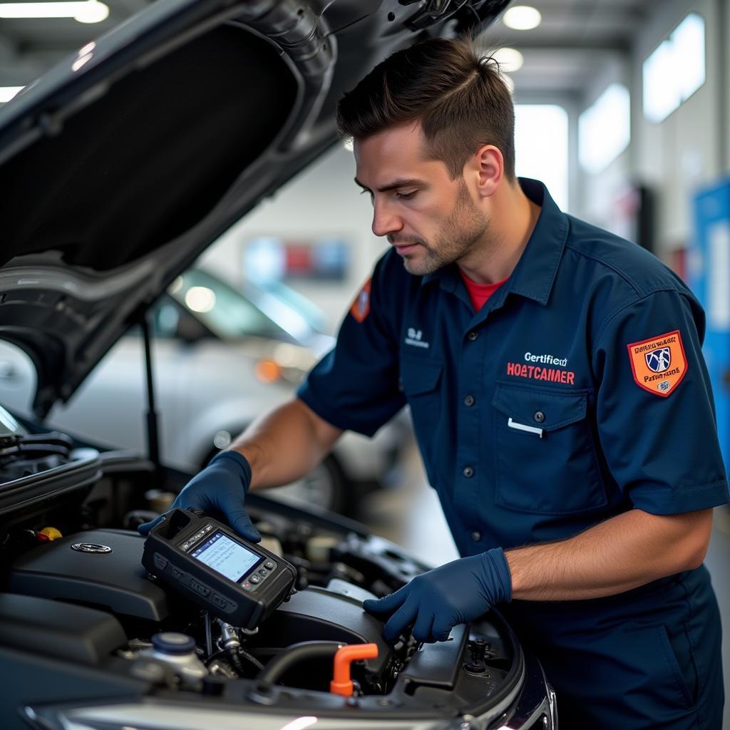 Certified dealer technician working on a car engine