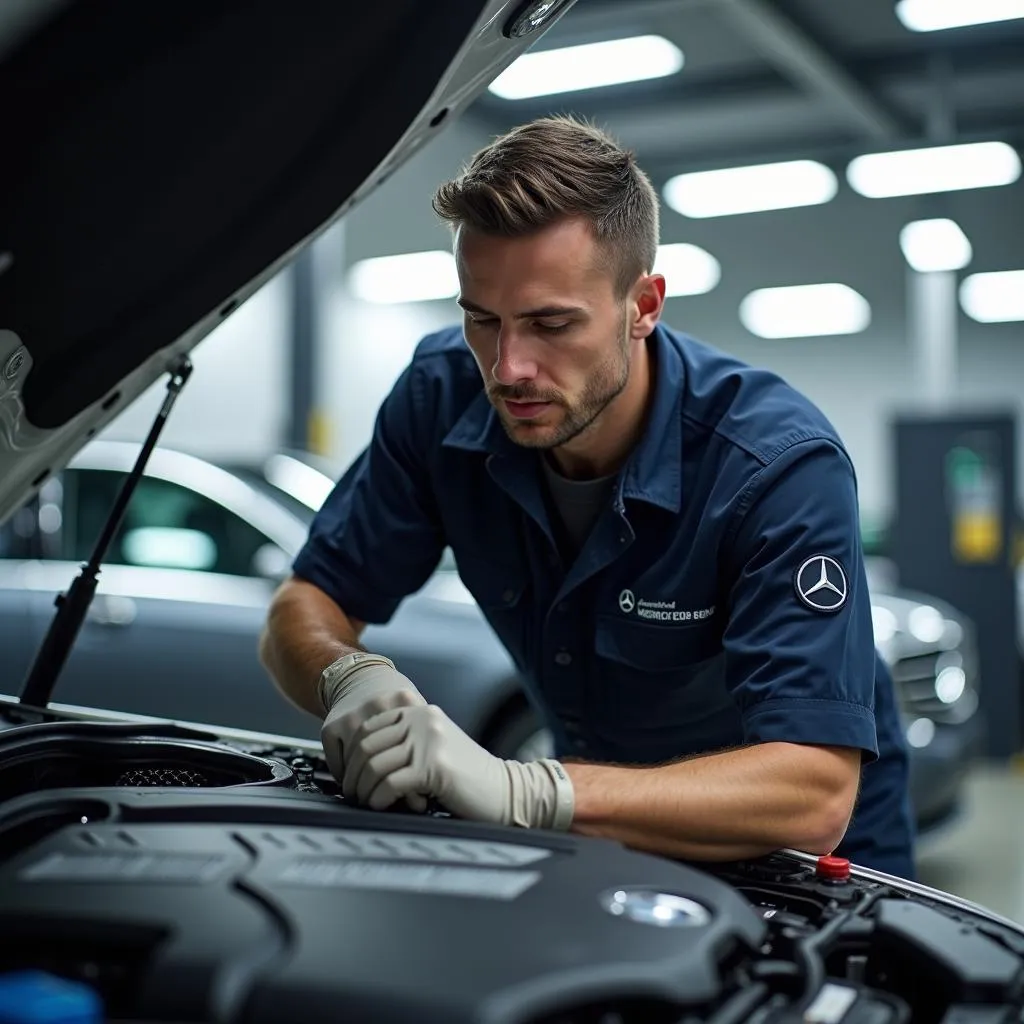 A certified Mercedes-Benz technician wearing a uniform is meticulously working on the engine of a car.