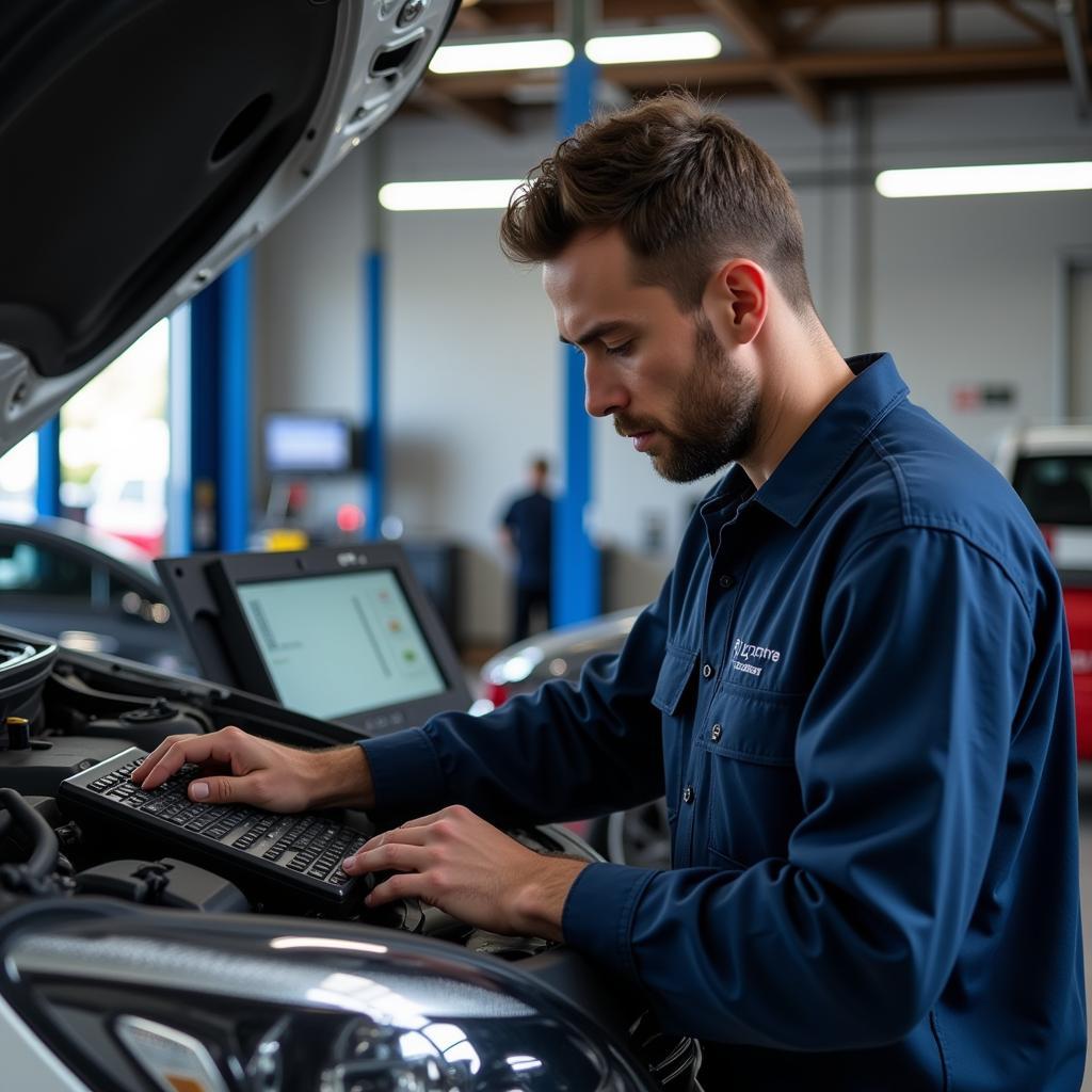 Mechanic in Chateauroux using diagnostic tool