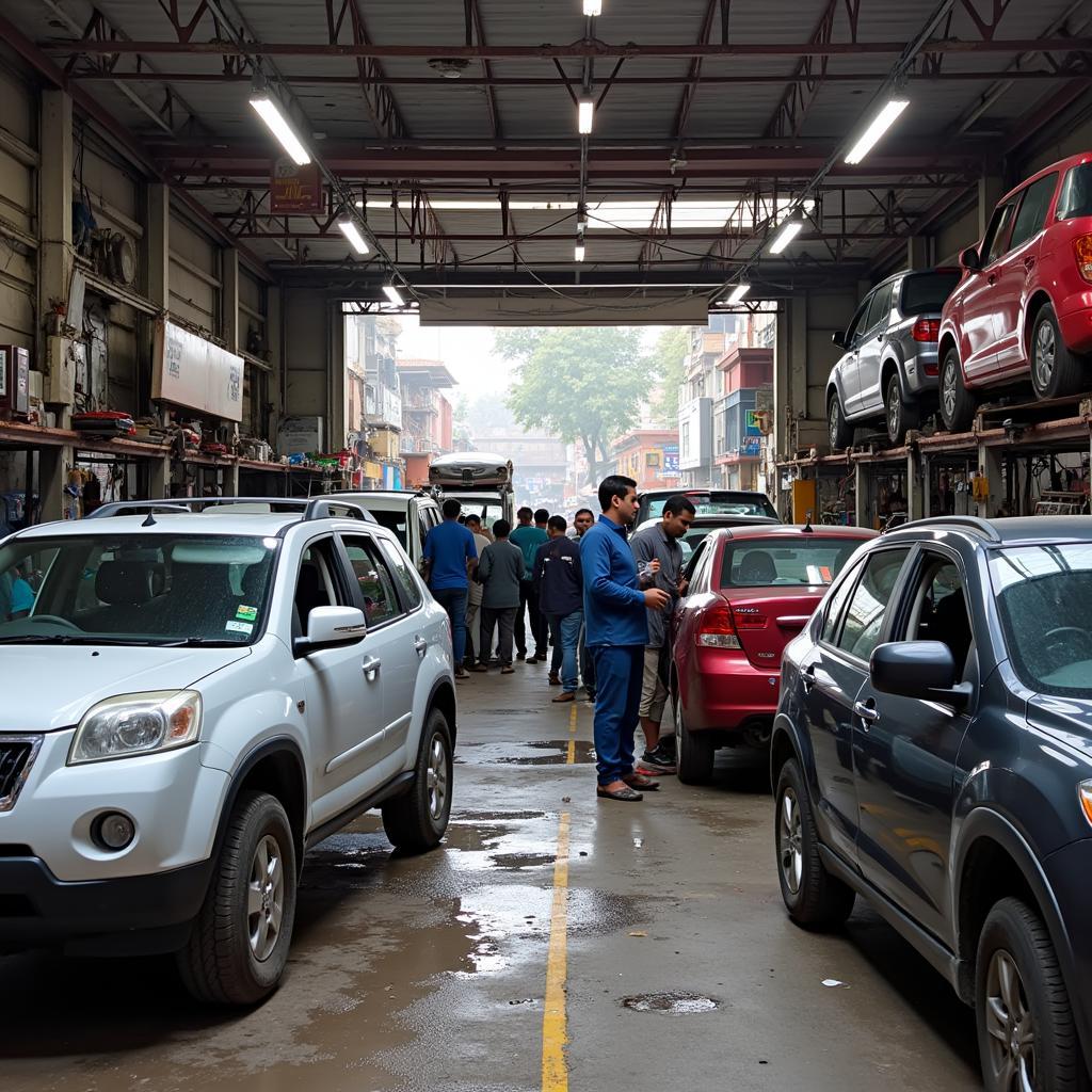 Busy car service center in Chaudhary Market