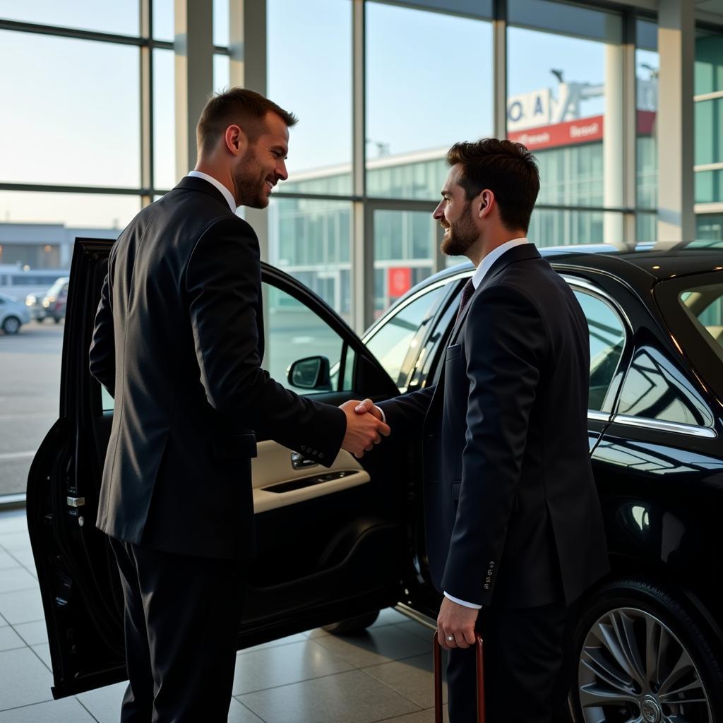 Chauffeur greeting passenger at Heathrow