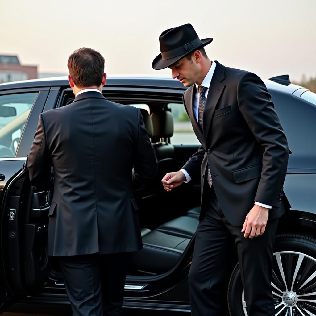  A professional chauffeur assists a passenger into a luxury car at JFK airport, ensuring a seamless and comfortable travel experience.