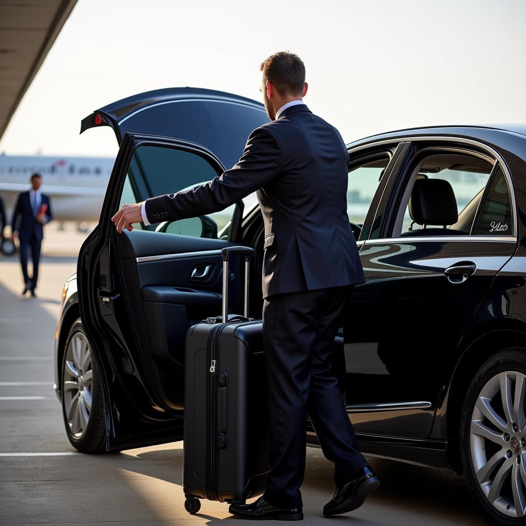 Chauffeur assisting passenger with luggage at O'Hare