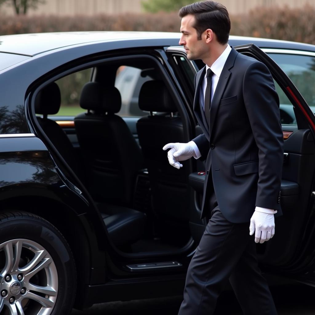 A chauffeur in uniform opening the car door for passengers in Glenvar Heights