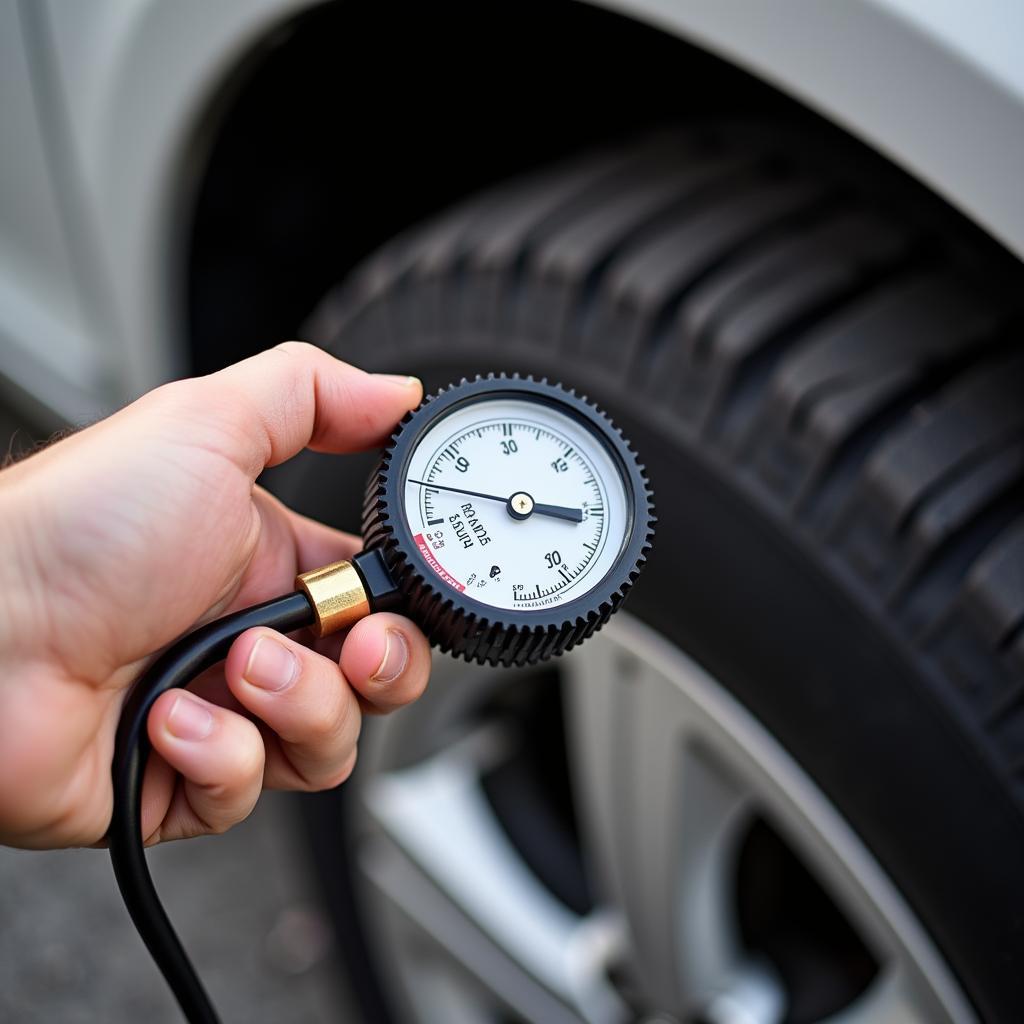 Using a pressure gauge to check car tire pressure