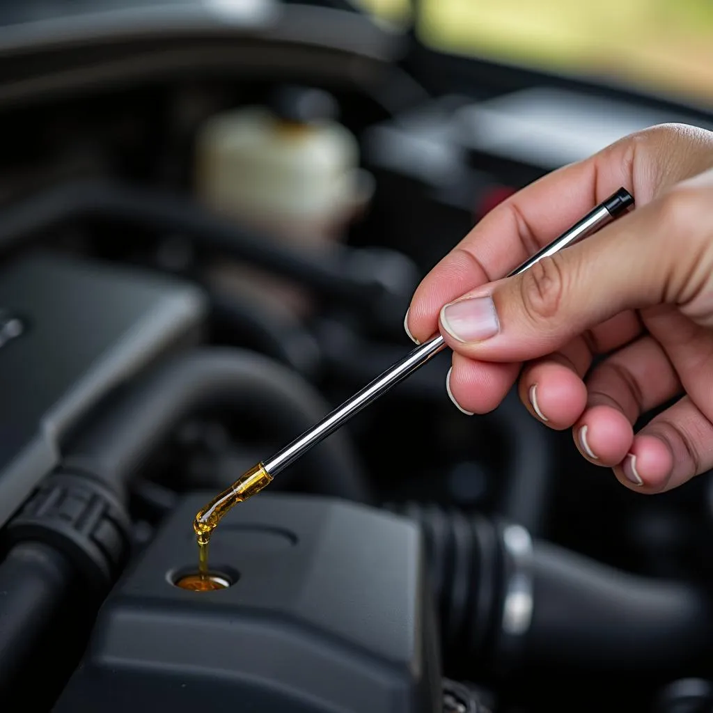 Checking engine oil level with dipstick