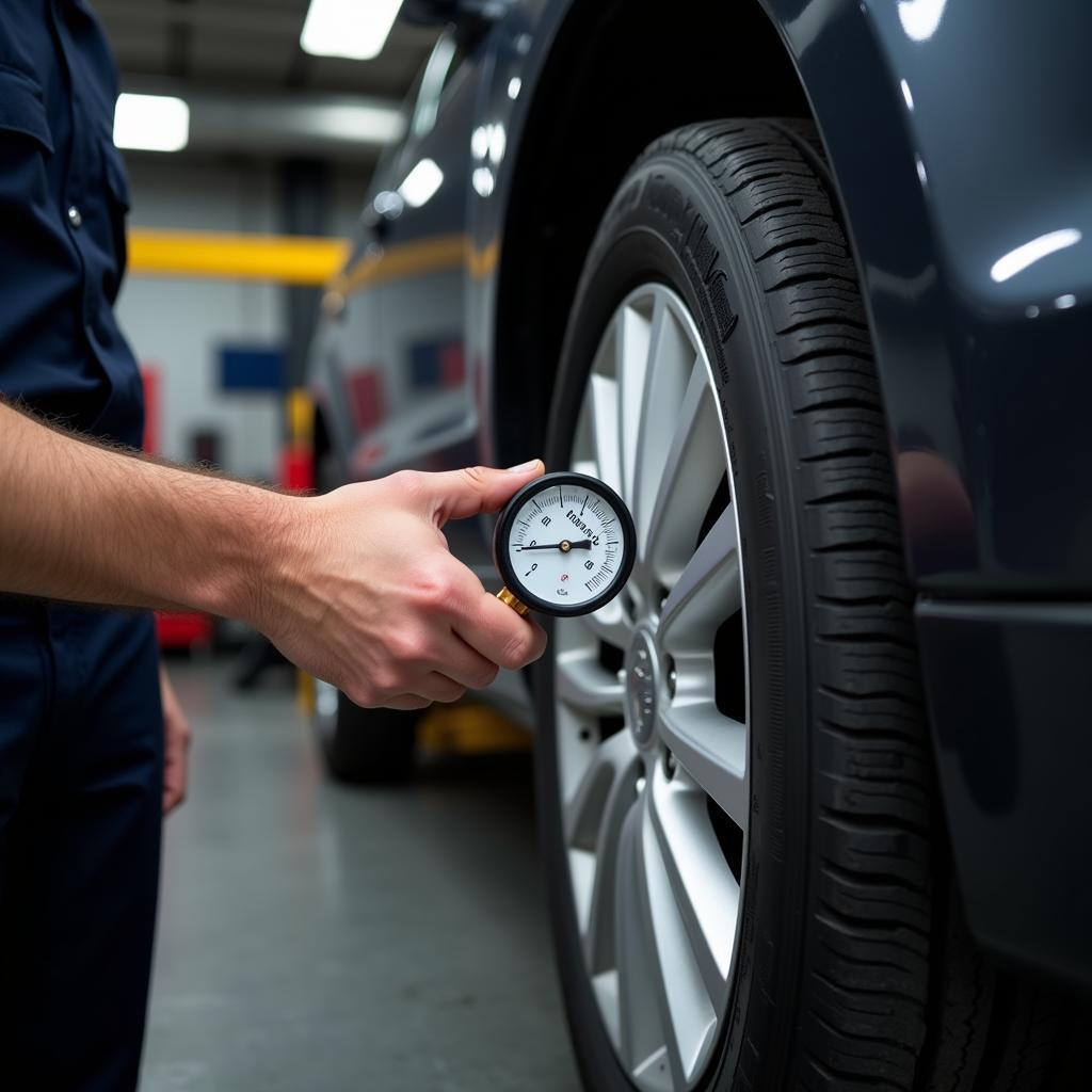 Mechanic Checking Car Tire Pressure with Gauge