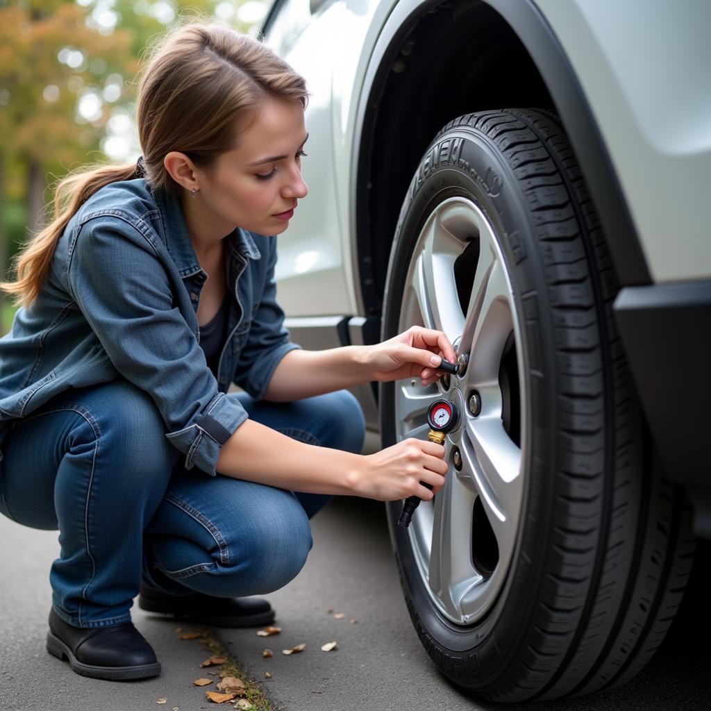 Car owner checking tire pressure