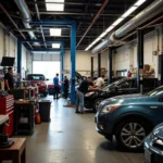 Busy Chicago auto repair shop with mechanics working on vehicles