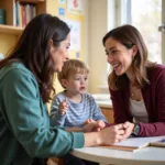 Parents discussing with a child care provider