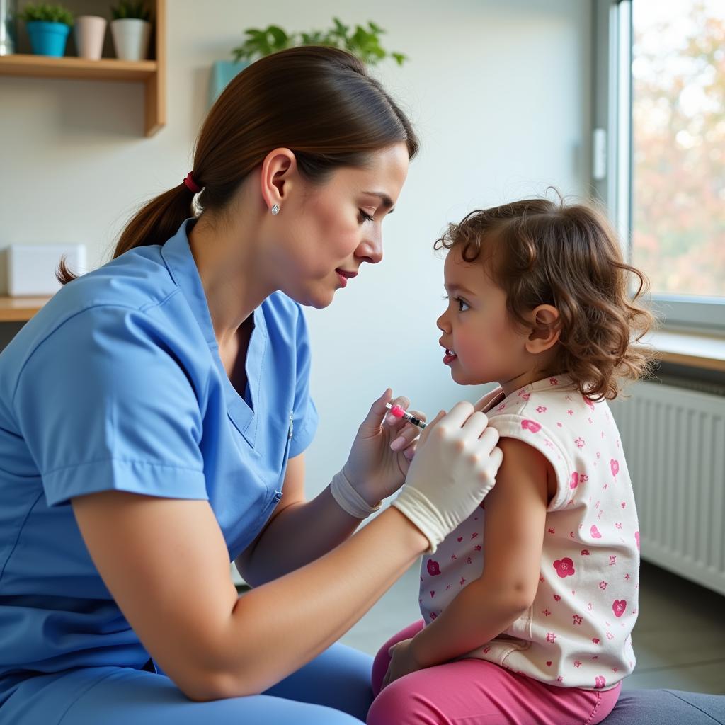 A child receiving a vaccination from a healthcare professional