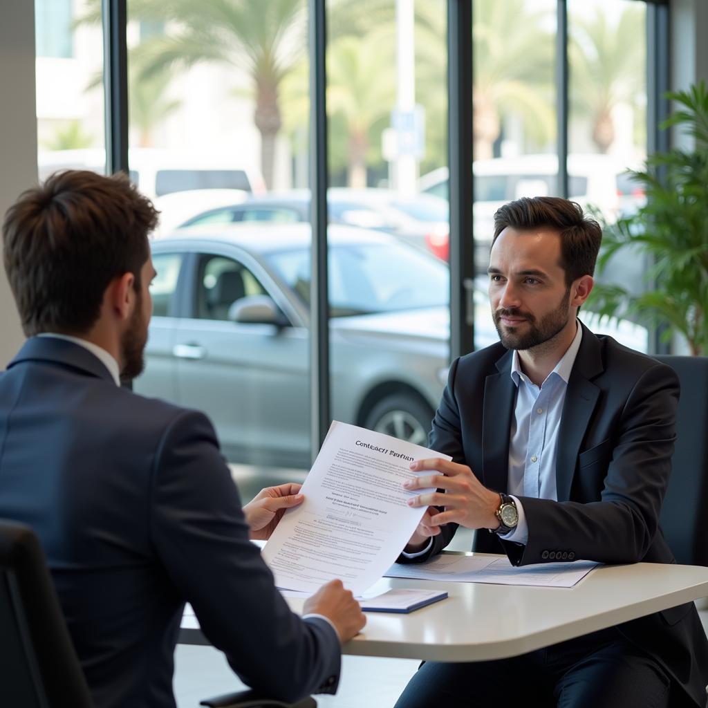 Customer reviewing car service contracts with a representative