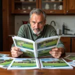 Choosing the right lawn care service can be challenging, but this image will depict a homeowner reviewing different lawn care service options, highlighting the decision-making process