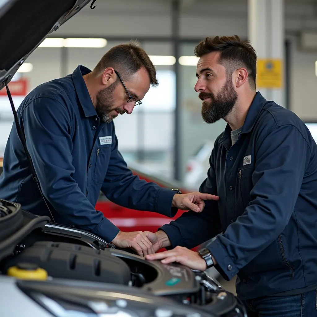 Car owner discussing car issues with a mechanic in City of Irene