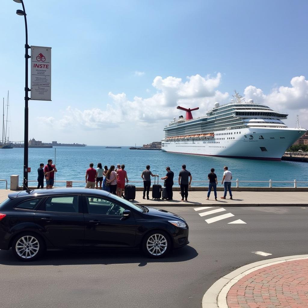 Car service dropping off passengers at the cruise terminal in Civitavecchia Port