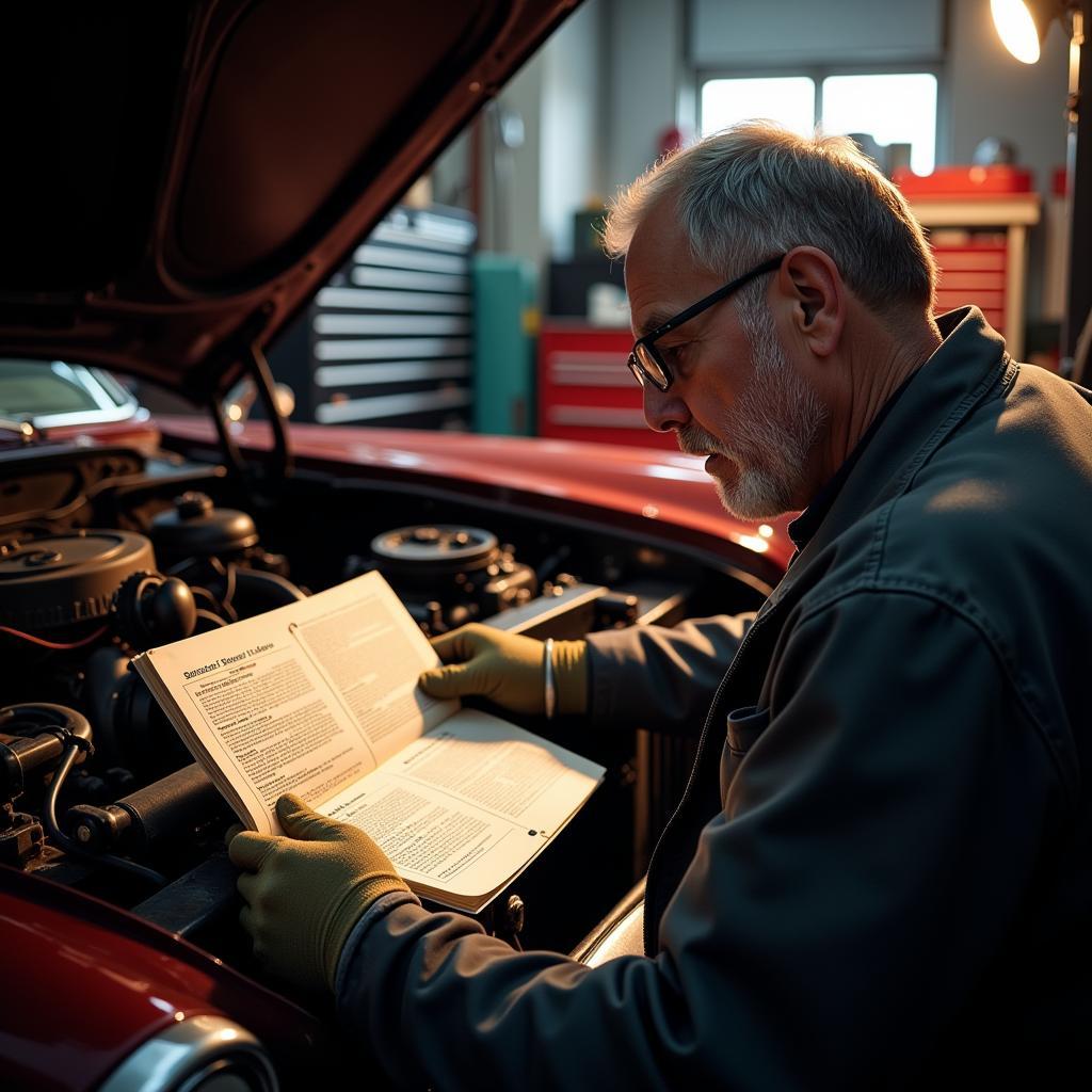 Classic Car Owner Reviewing Service Manual in Garage