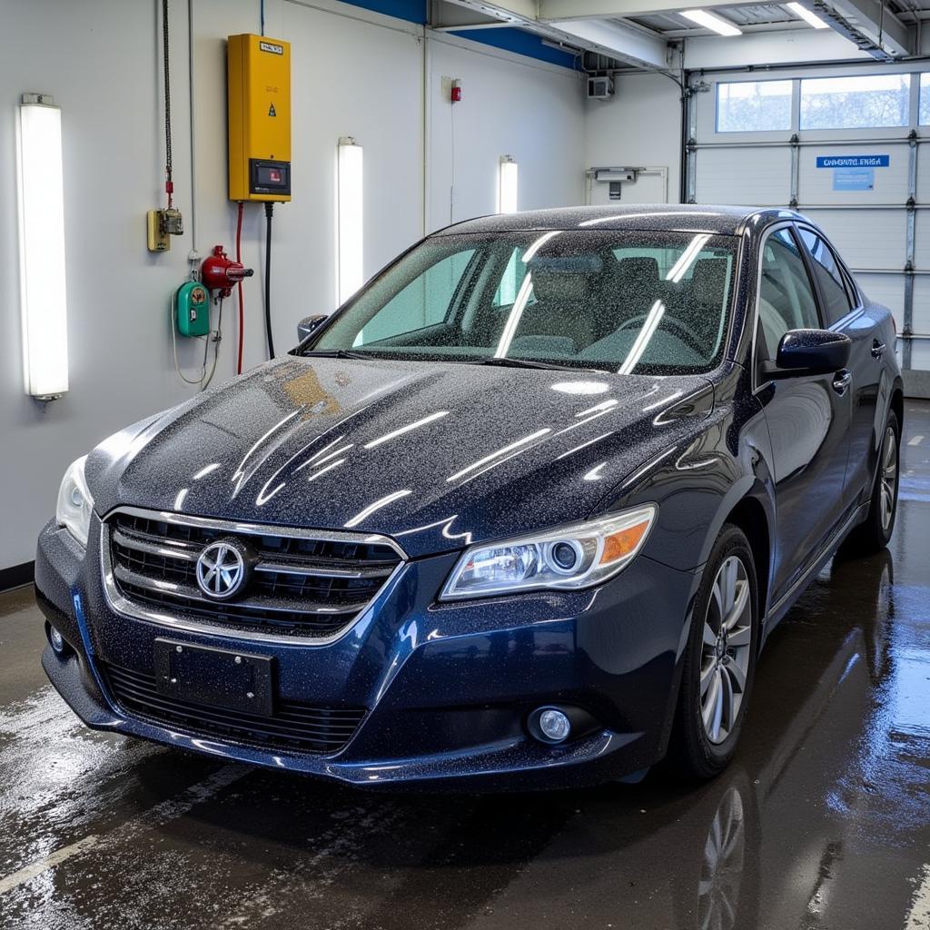 A shiny clean car parked after a self-service wash