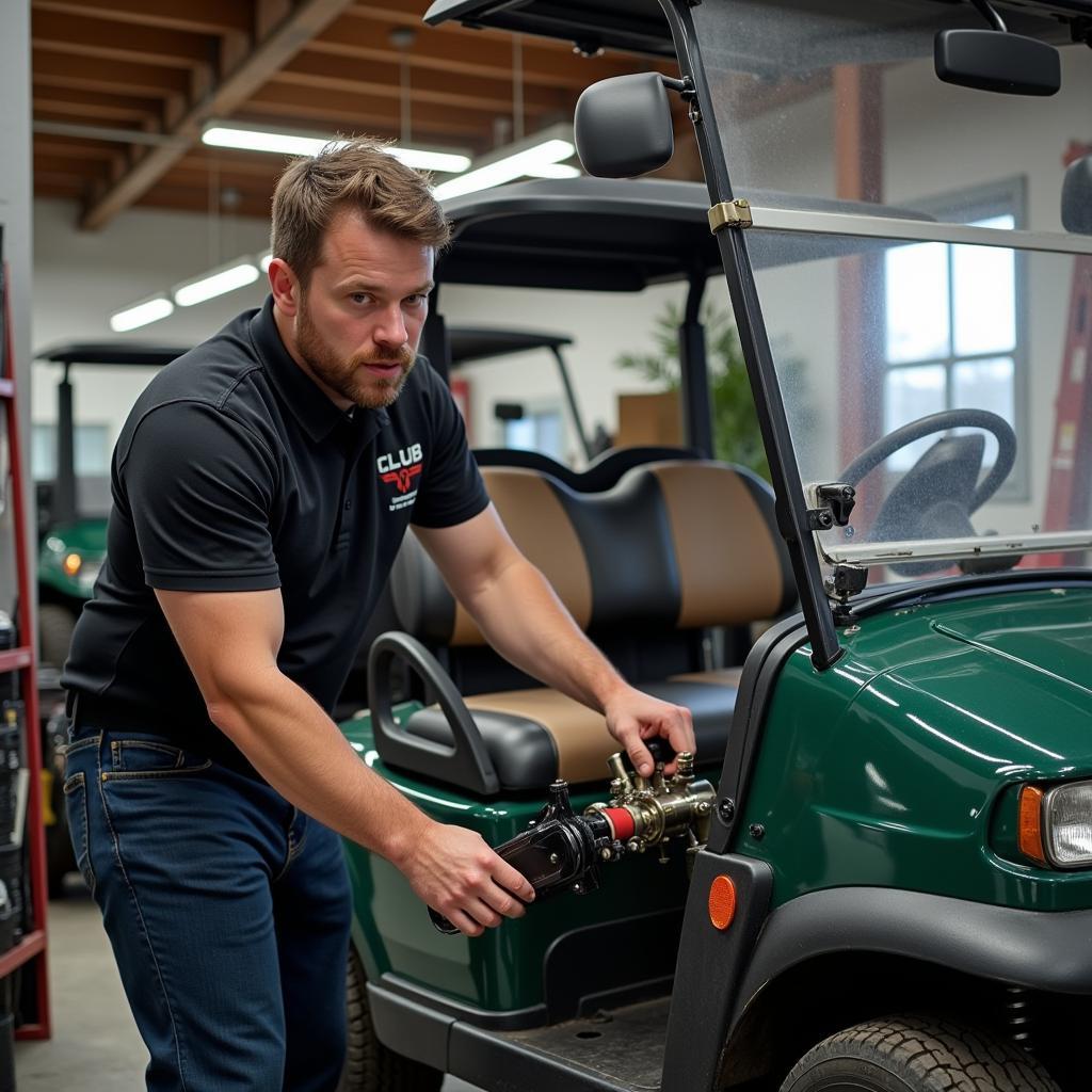 Club Car Mechanic Performing Golf Cart Repair