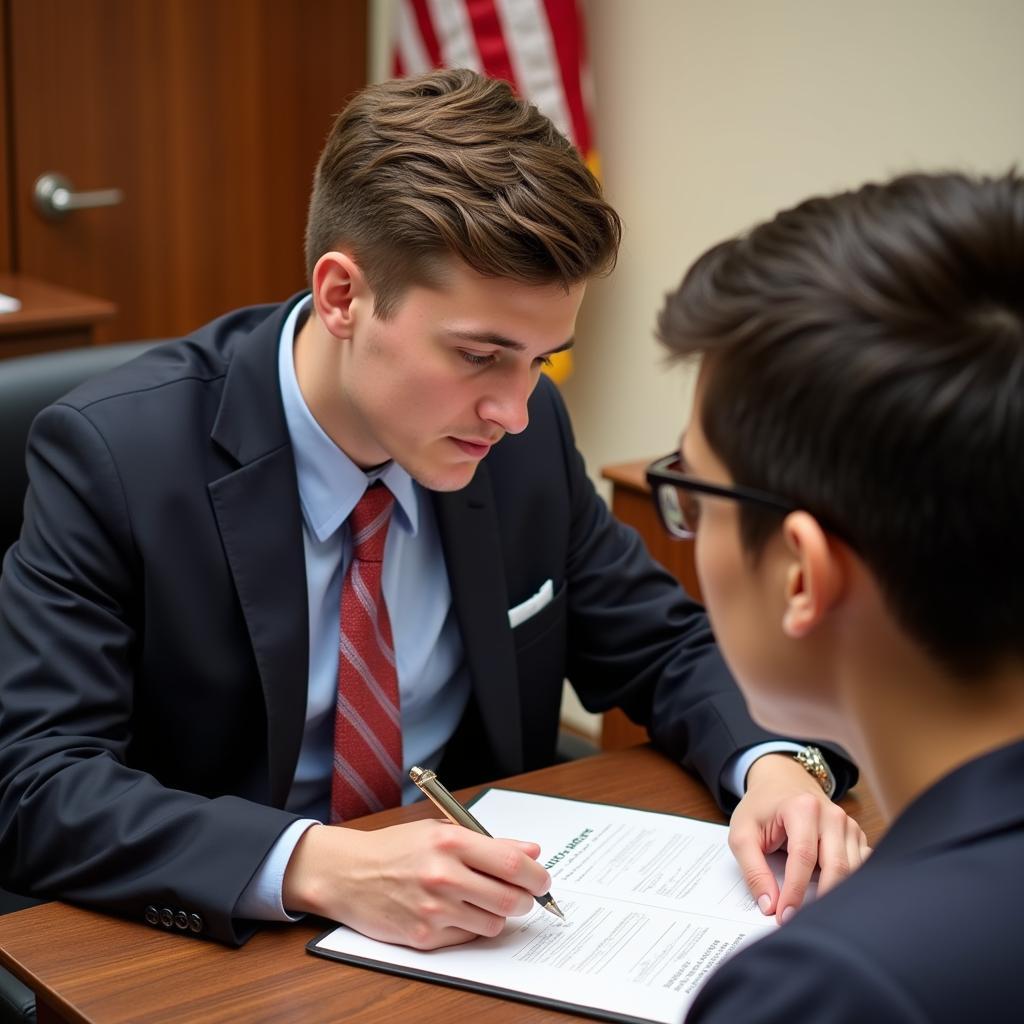 A college admissions officer reviews an application with the Presidential Service Award highlighted.