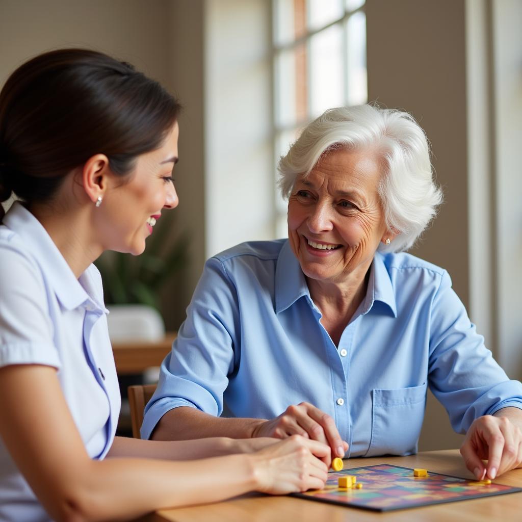 A caregiver engaging in a lively game with an elderly woman at home