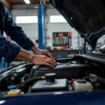 Mechanic working on a car in a well-equipped garage