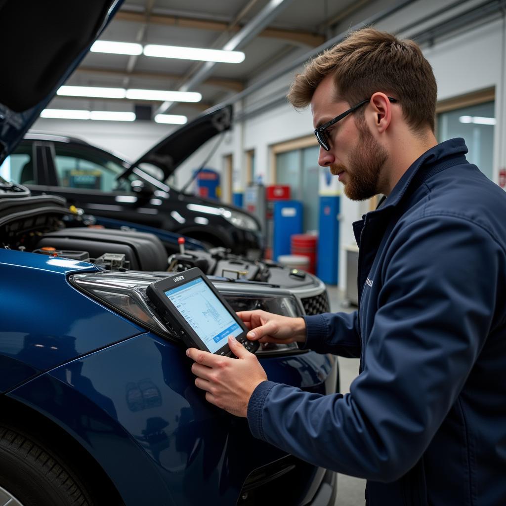 Mechanic performing car diagnostics in Copenhagen