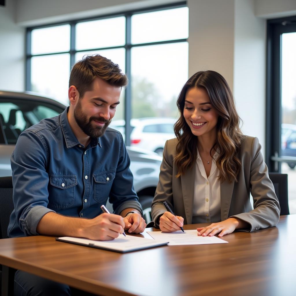 Couple Signing Car Purchase Contract at Dealership