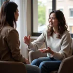 A counselor listens attentively to a client during a session.