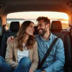 Couple smiling inside a car during their trip from Boston to Hyannis