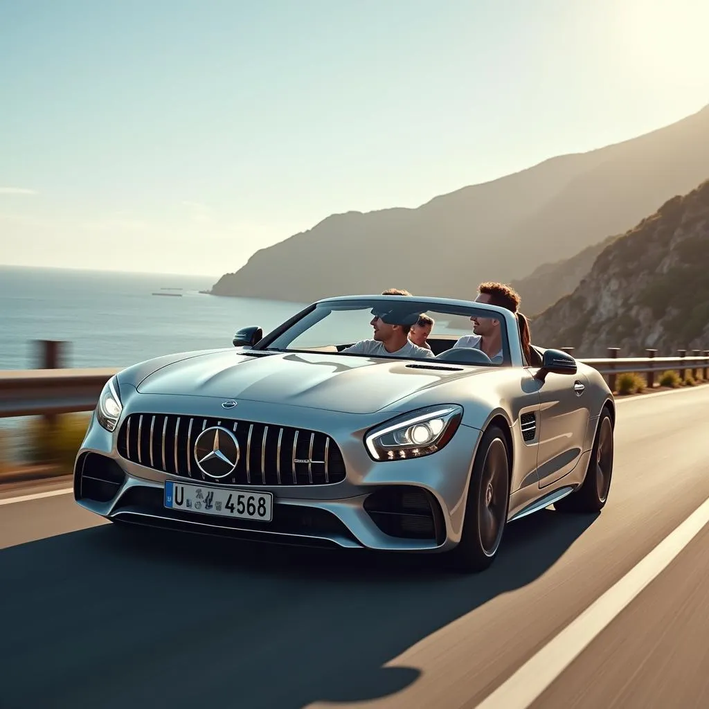 Couple enjoying a road trip in a Mercedes-Benz convertible