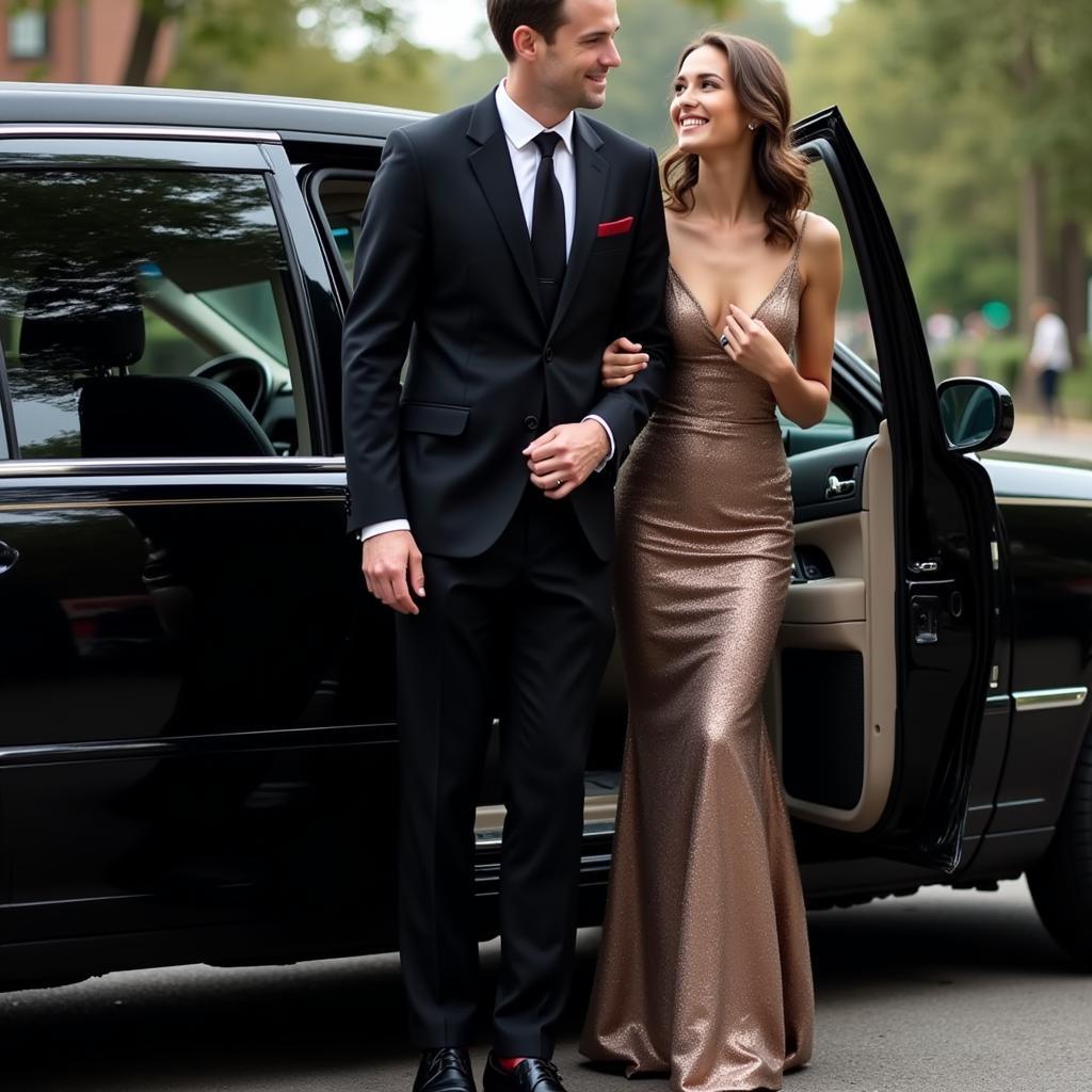 A well-dressed couple entering a black car limo for a special occasion