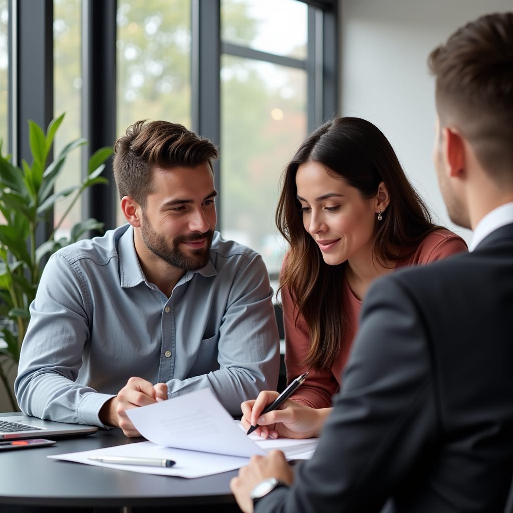 Couple Reviewing Car Loan Documents with Salesperson