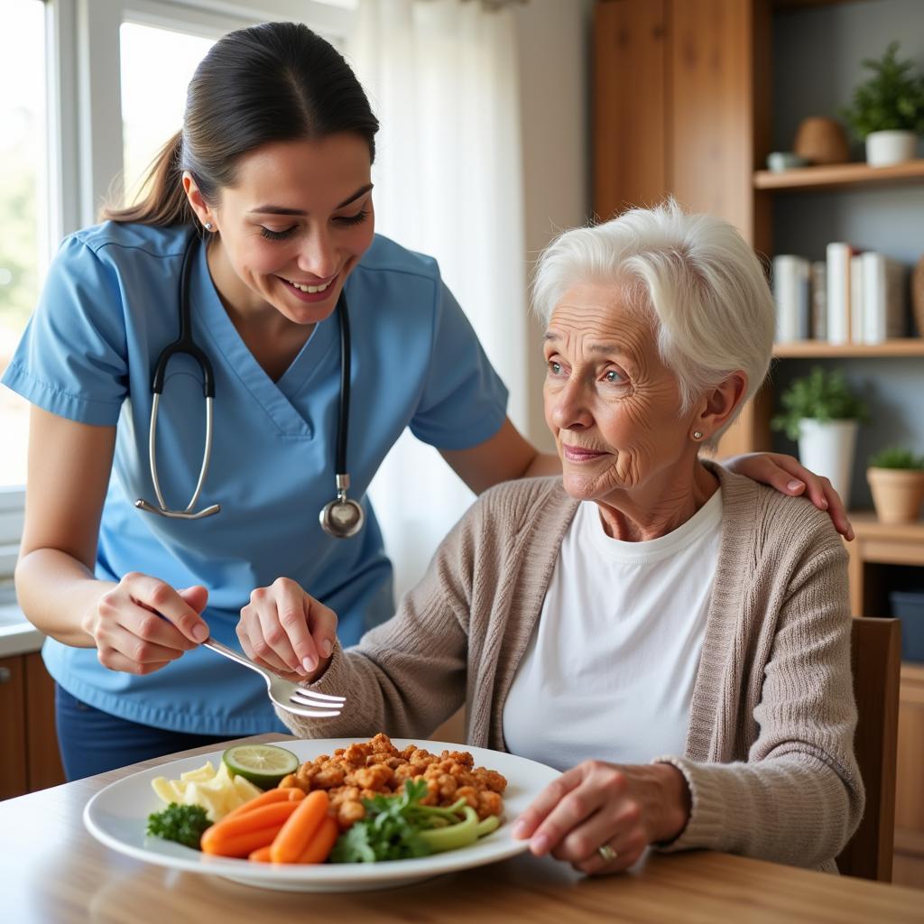 Elderly woman receiving assistance