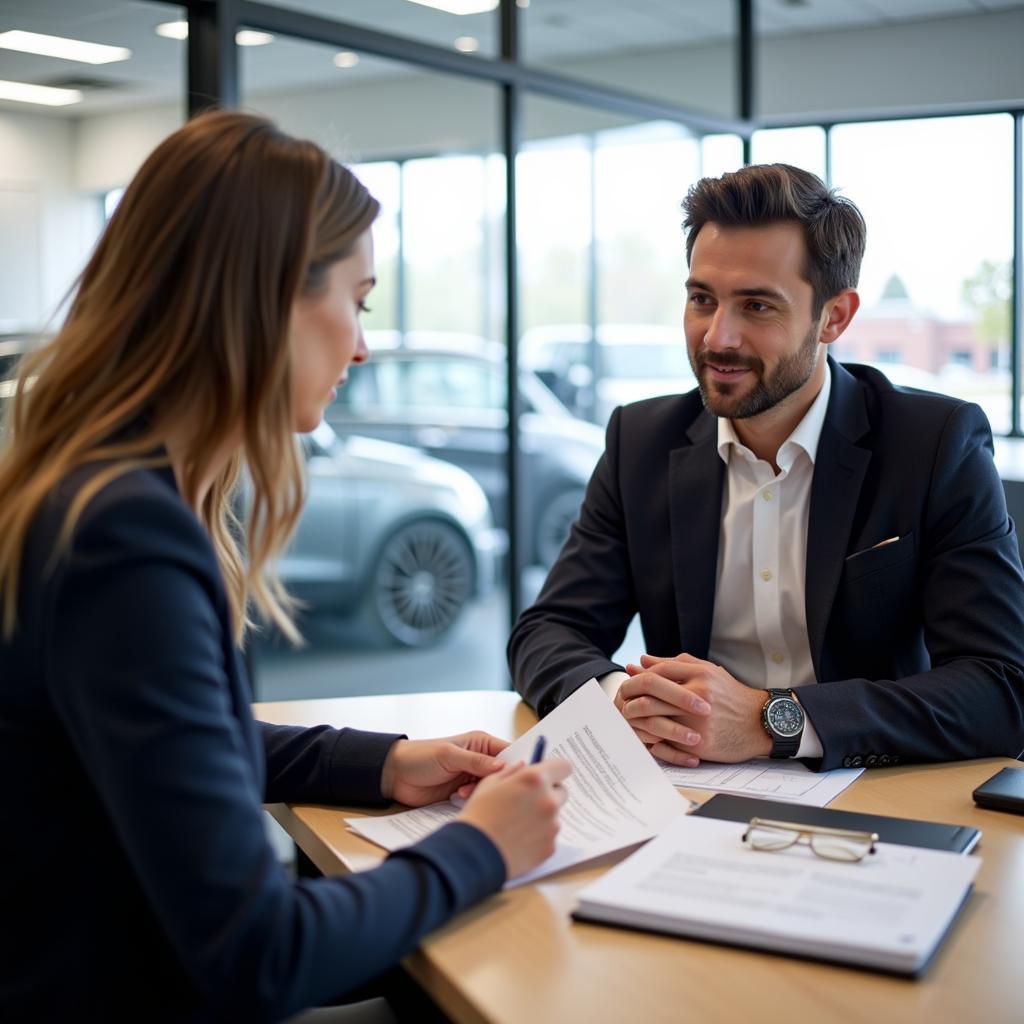 Customer and Service Advisor Reviewing Car Details