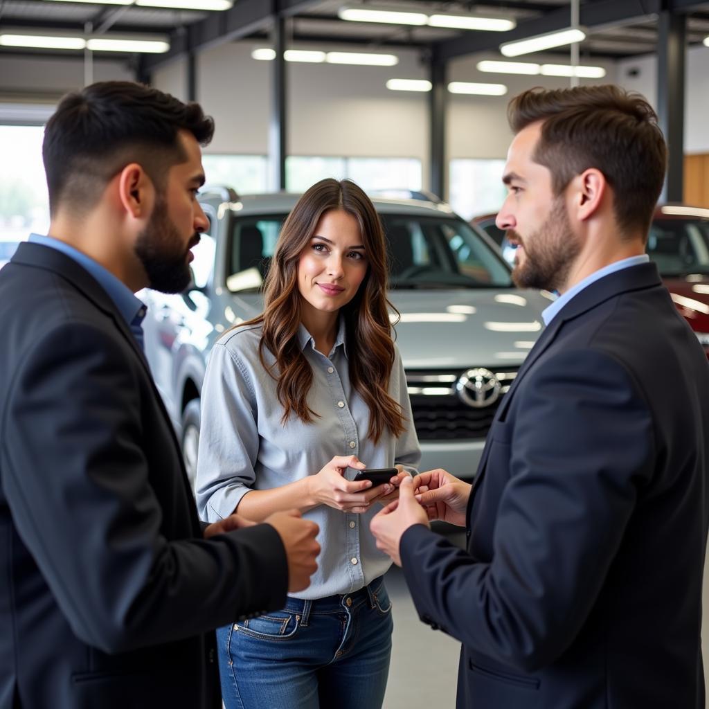 Customer discussing car repair options with a service advisor in New Orleans