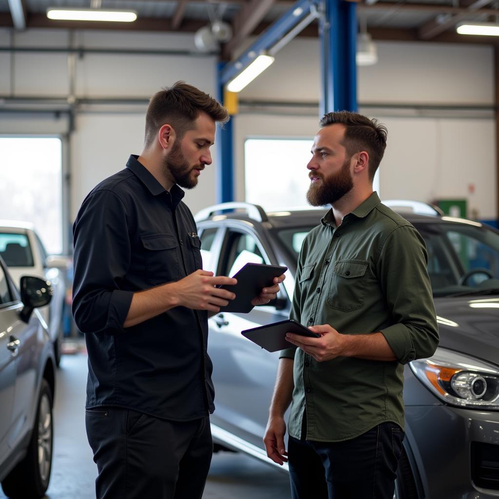 Customer discussing car repair options with a service advisor in Macon