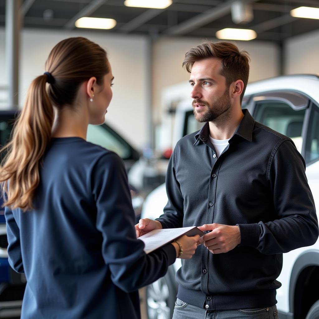 Customer Discussing Car Repair Options with Service Advisor on Via Aurelia 557