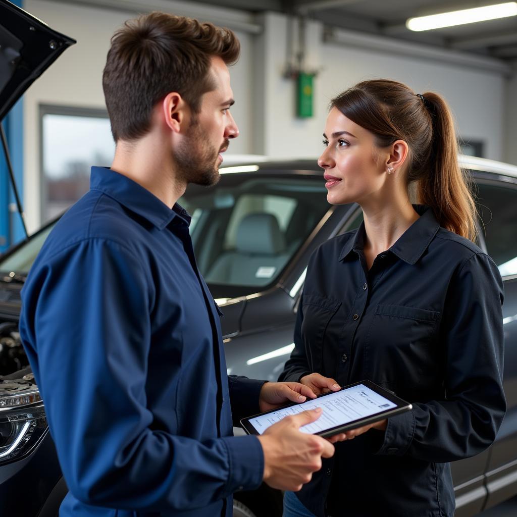 Car owner talking to a mechanic about their vehicle's repair needs