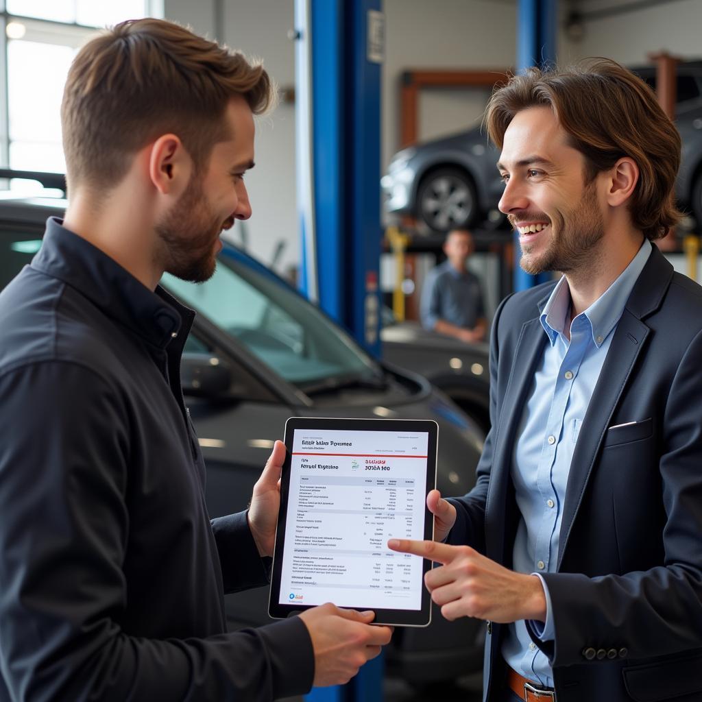 Customer discussing car repair with service advisor