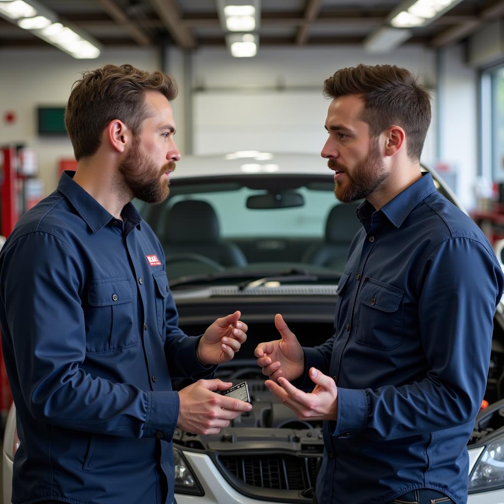 Customer and mechanic discussing car repairs in Leyton