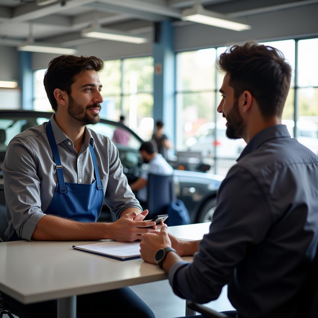 Customer discussing car repairs with a service advisor