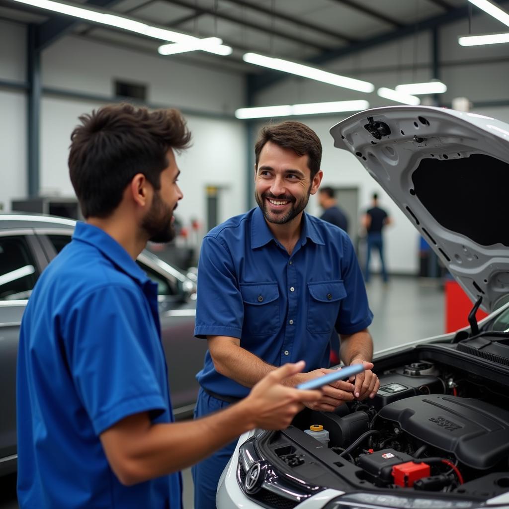 Customer discussing car repairs with a mechanic