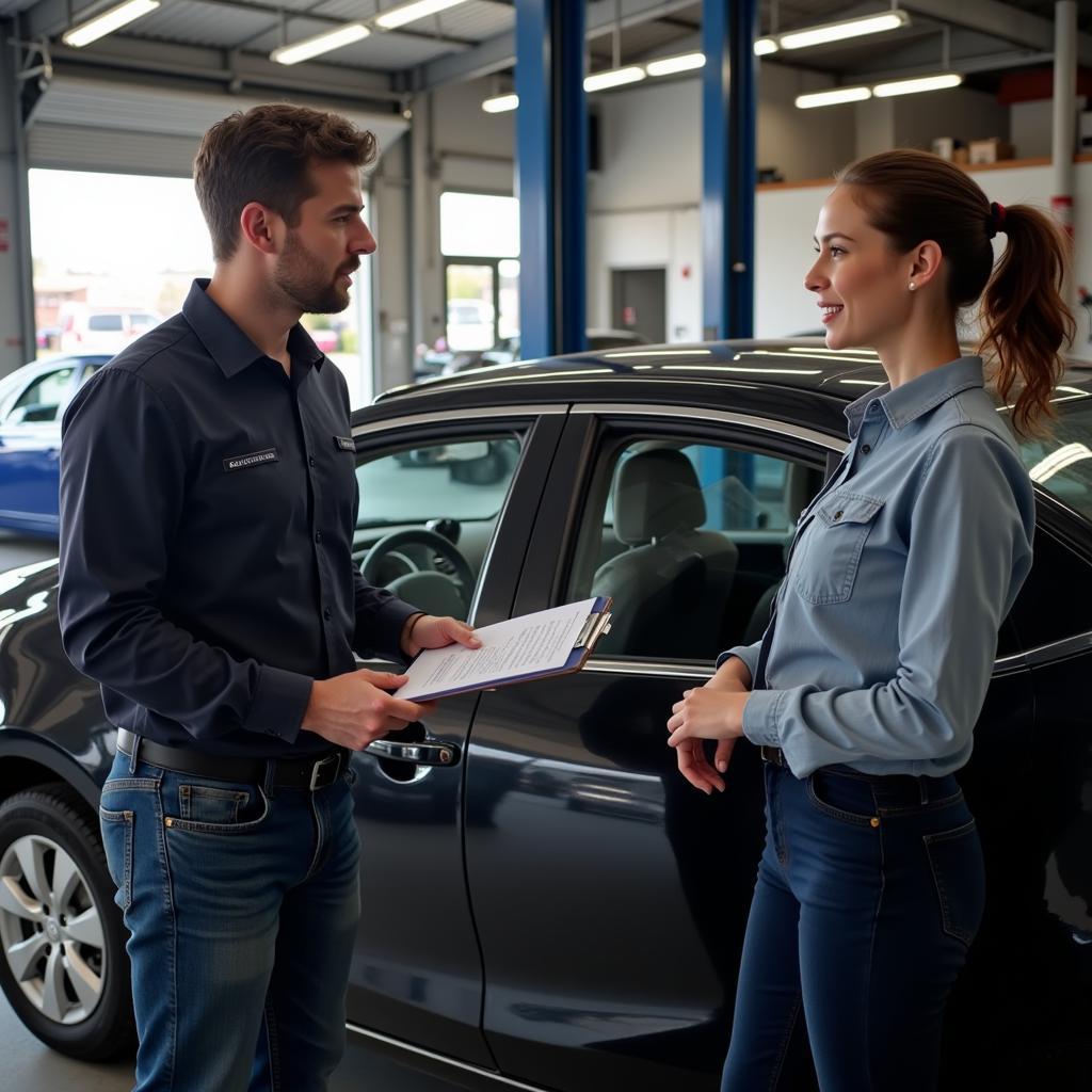  Customer talking to a mechanic about a car repair quote in Corpus Christi