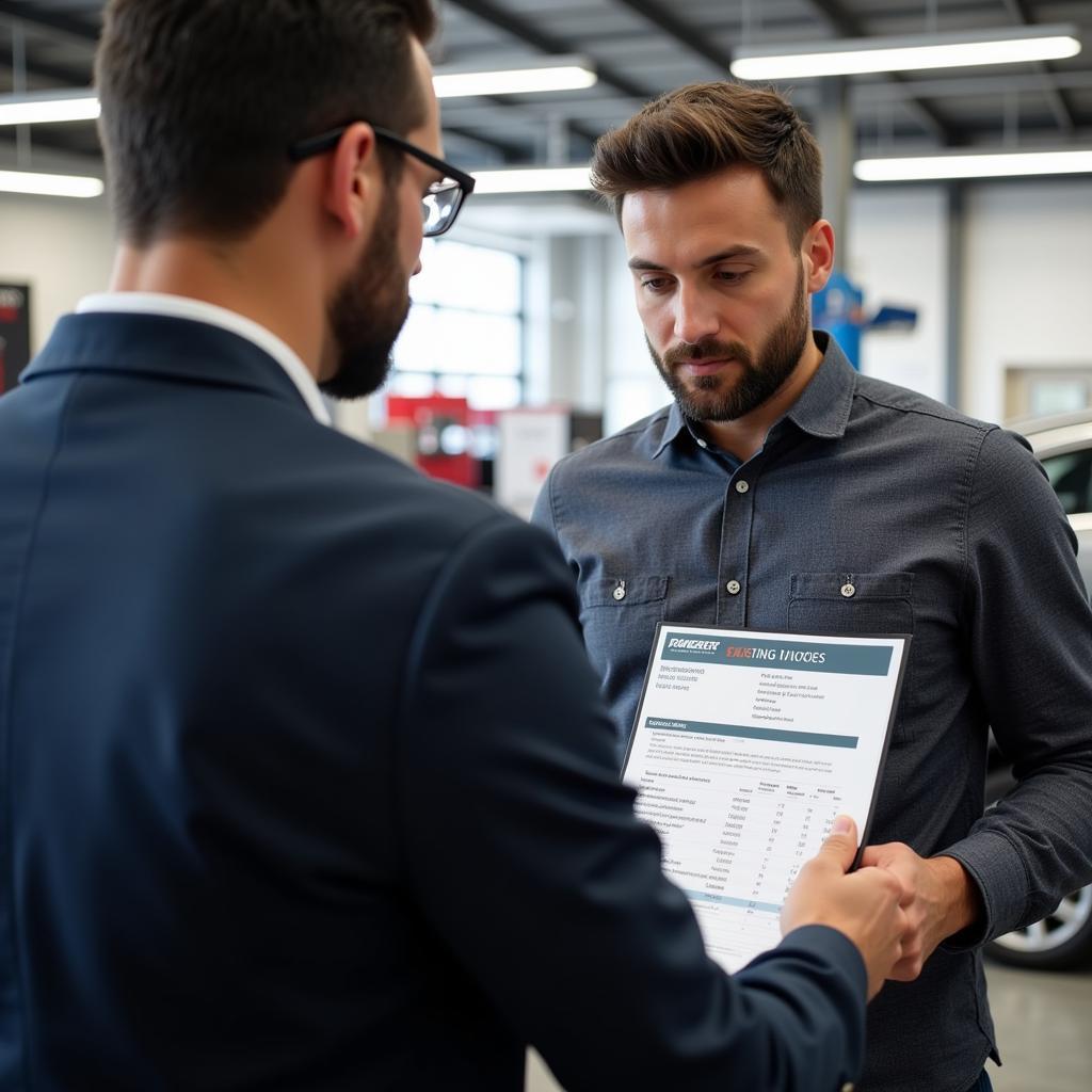 Customer Reviewing a Car Service Invoice with a Service Advisor