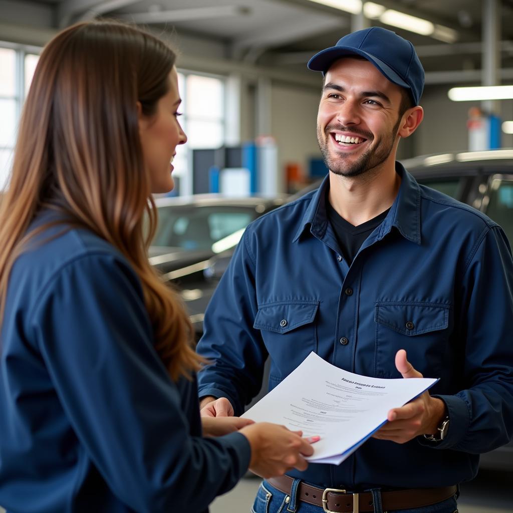 Friendly car mechanic discussing car repair options with a customer