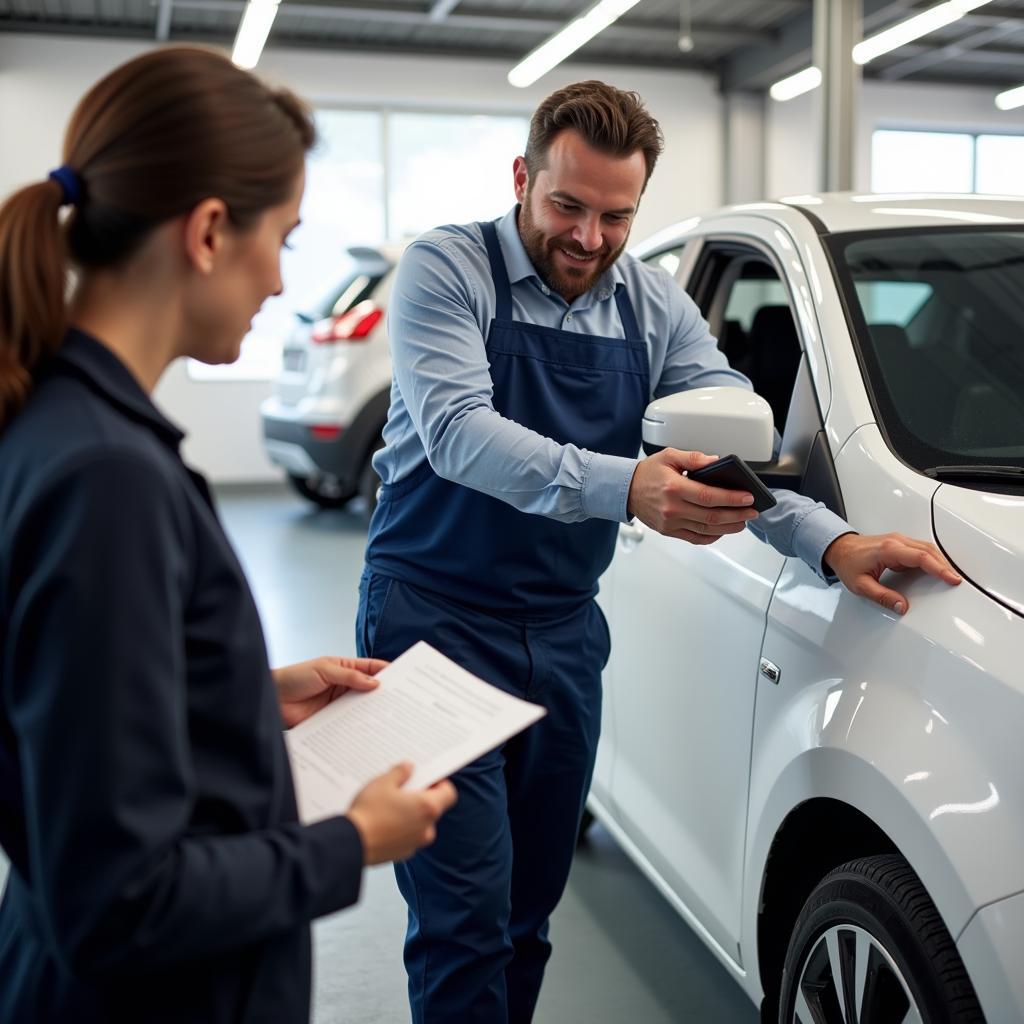 Customer Discussing Car Repaint with Service Advisor