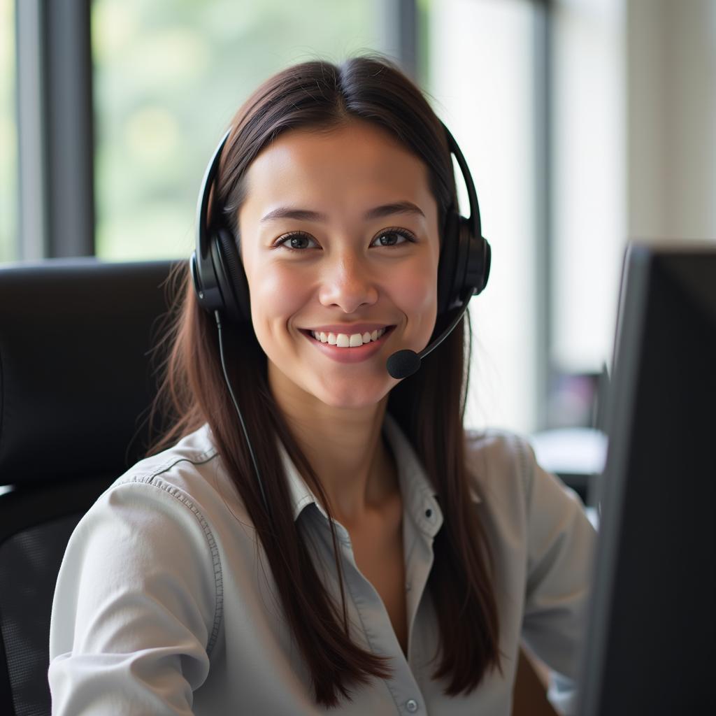 Customer service representative using a headset