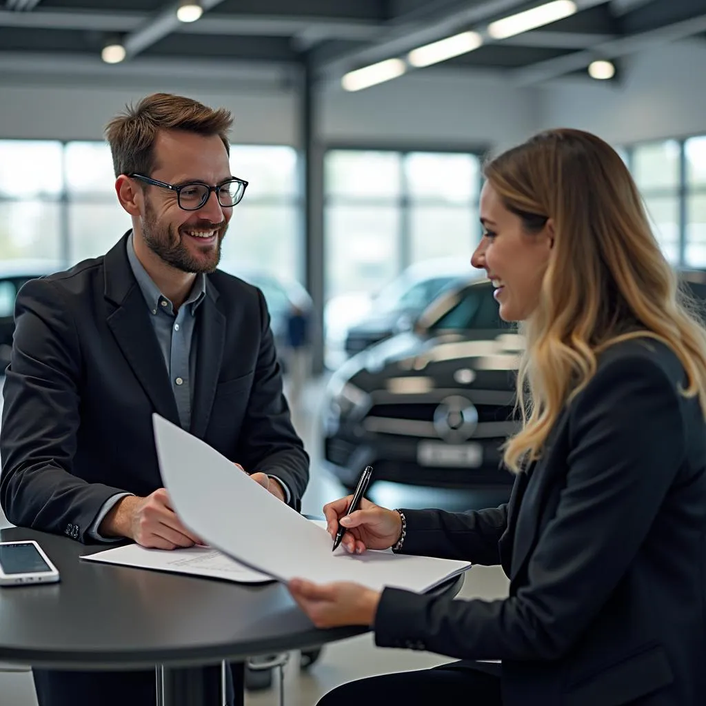 Service Advisor Assisting Customer with Loaner Car Agreement