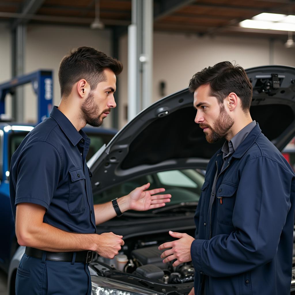 Customer Talking to Mechanic in Independent Garage