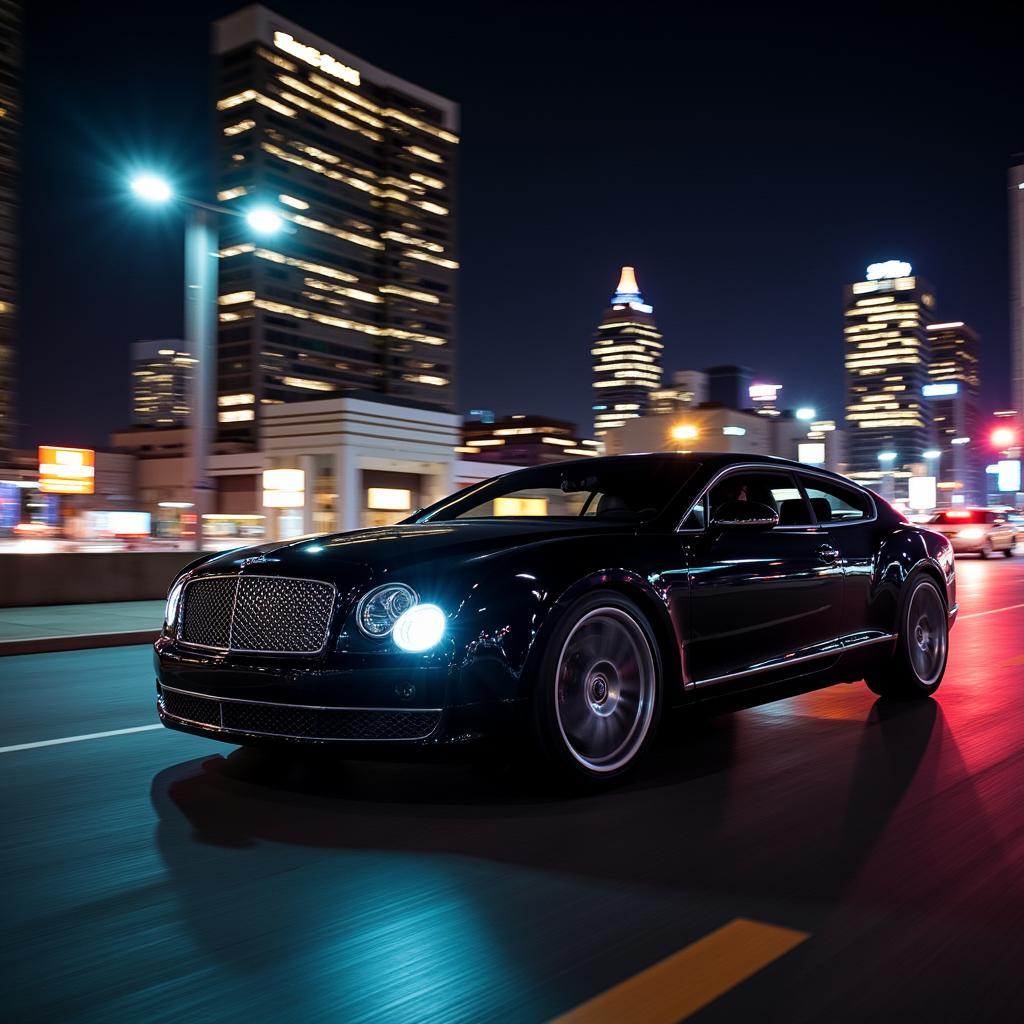 Black car driving through Dallas at night